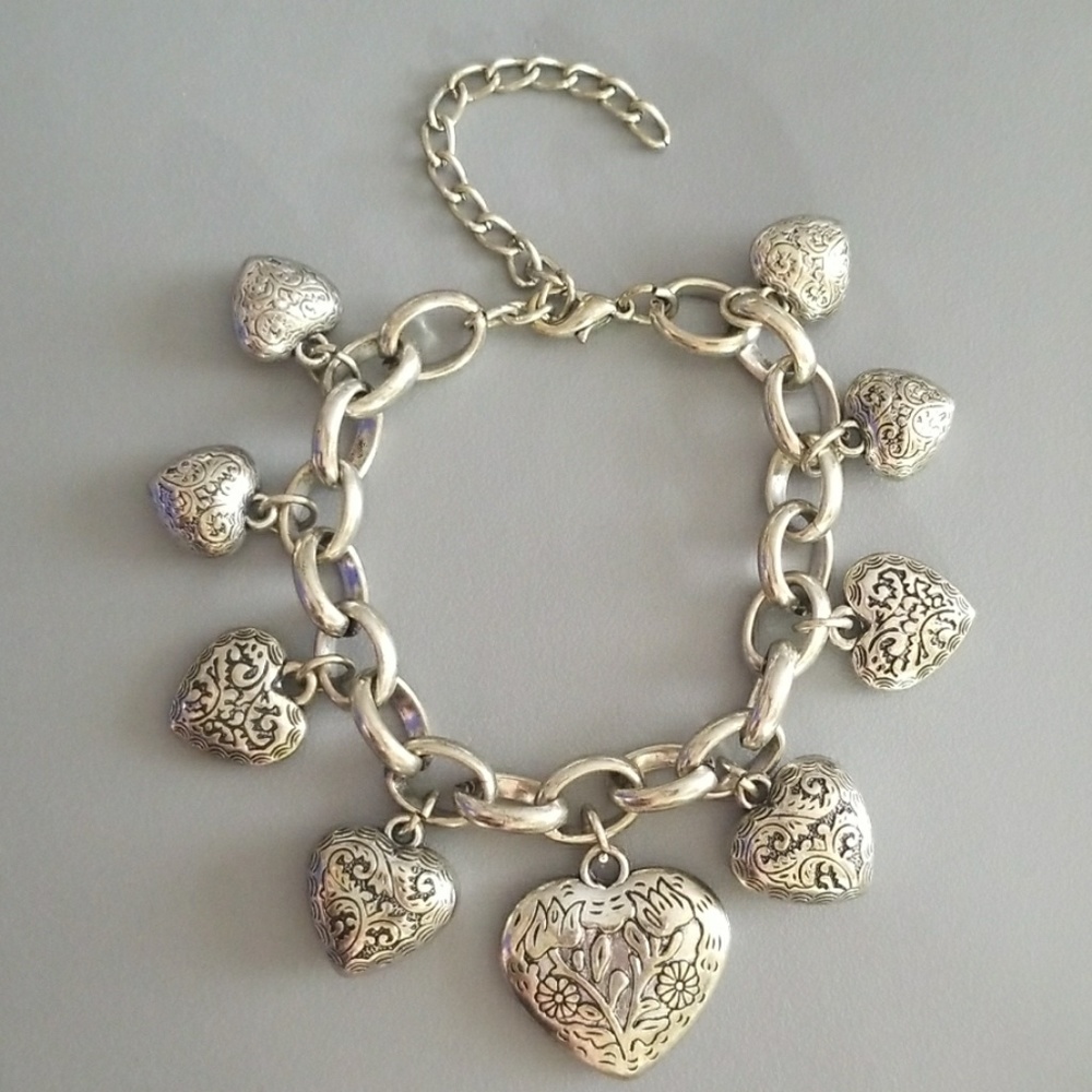 COPY - Ornate Puffy Heart Charm Silver Bracelet